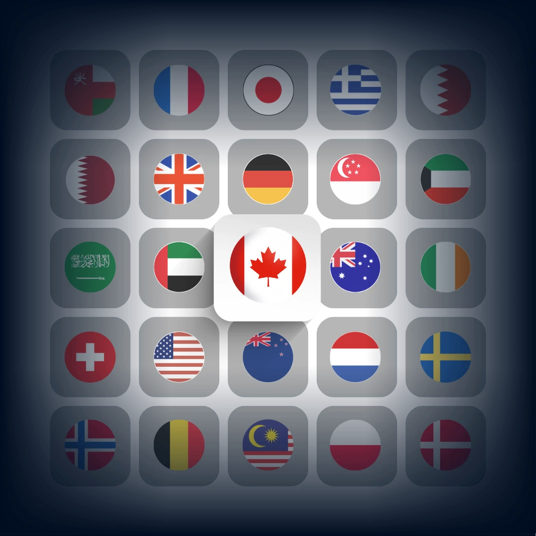 Country flag grid showing 27 markets we write resumes and CVs for, with Canada highlighted