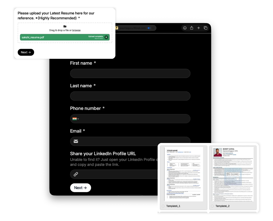 Intake form with file upload, first name, last name, phone, email fields and template picker