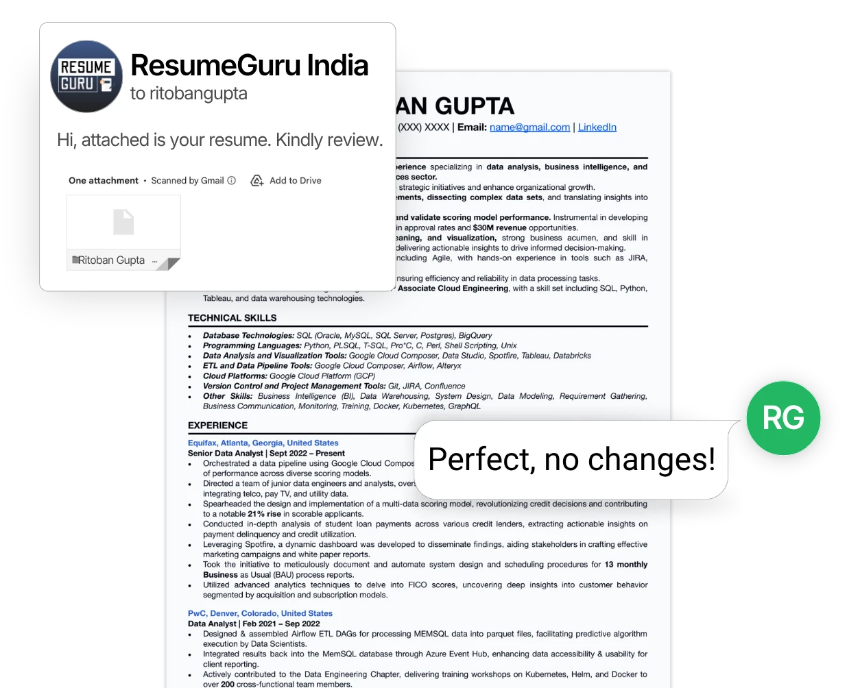 Gmail delivery of resume with client reply 'Perfect, no changes!'