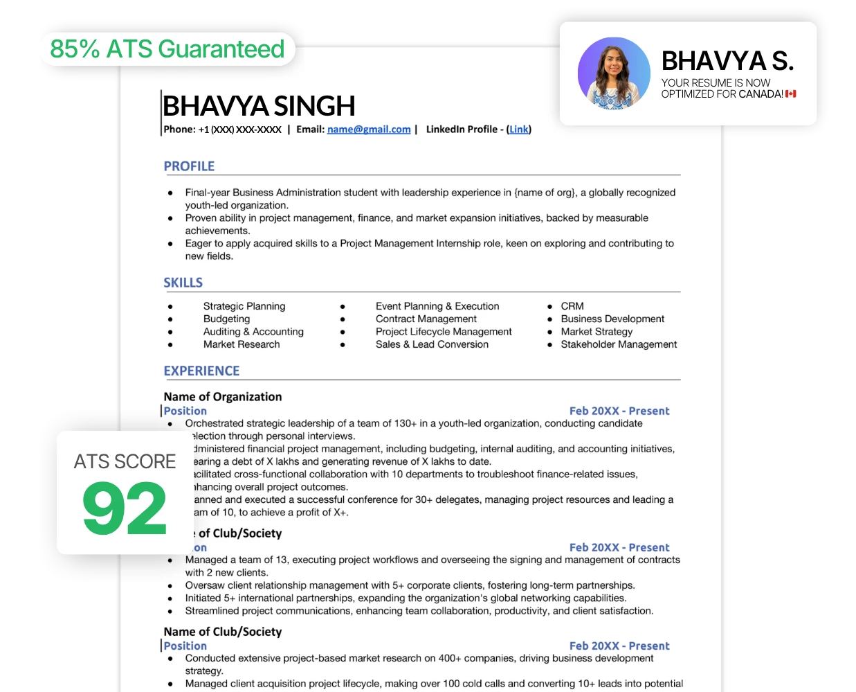 ATS-optimised resume mockup with 85% ATS Guaranteed badge and ATS score of 92