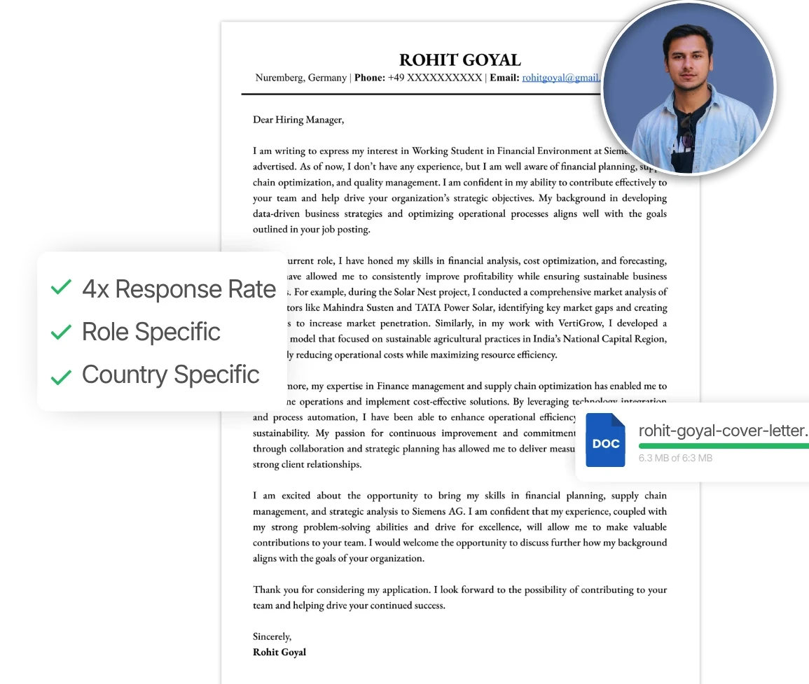 Cover letter mockup with 4x response rate, role-specific and country-specific tags