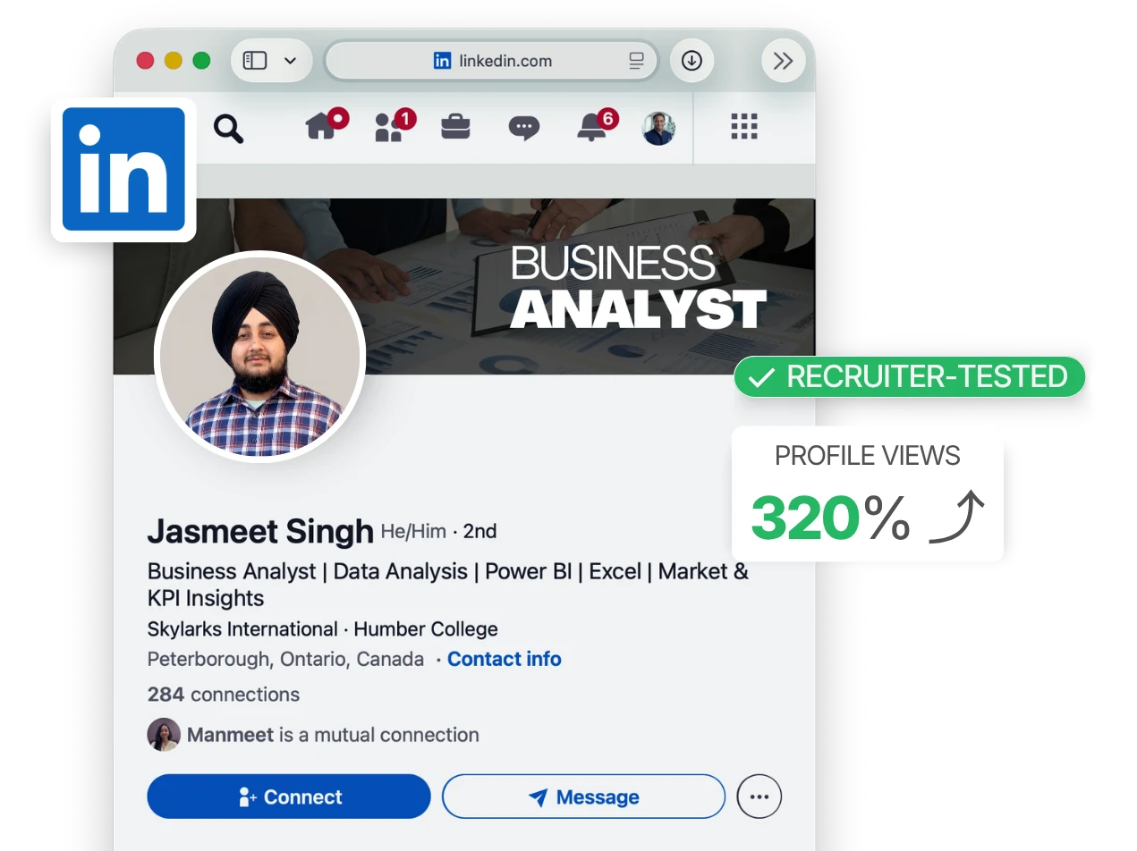 LinkedIn profile mockup with Recruiter-Tested badge and 320% profile views uplift