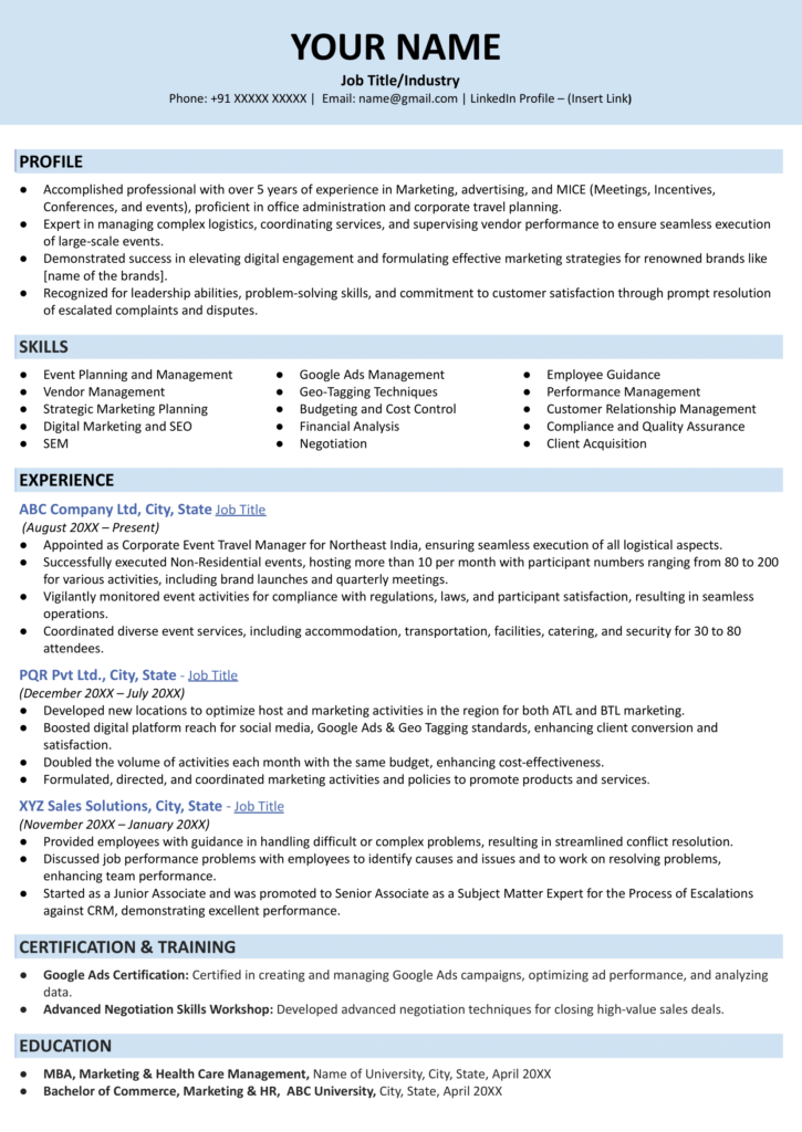 Single-Columned Resume For Mid-level Professionals - ResumeGuru India