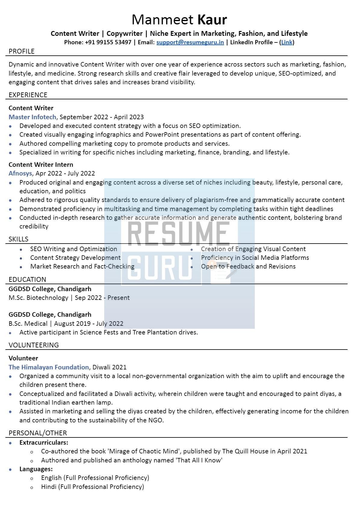 Fresher Content Writing and Marketing Resume Sample_1