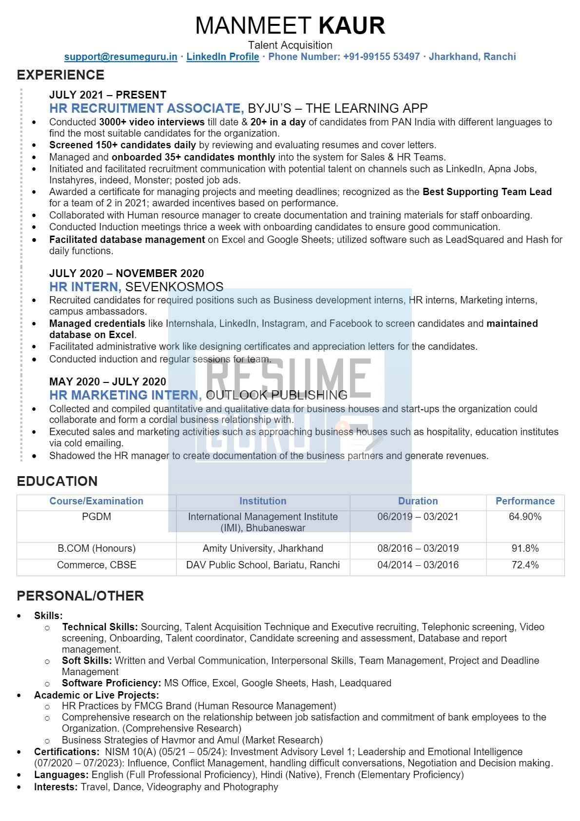 Fresher Level HR and Talent Acquisition Resume Sample_1
