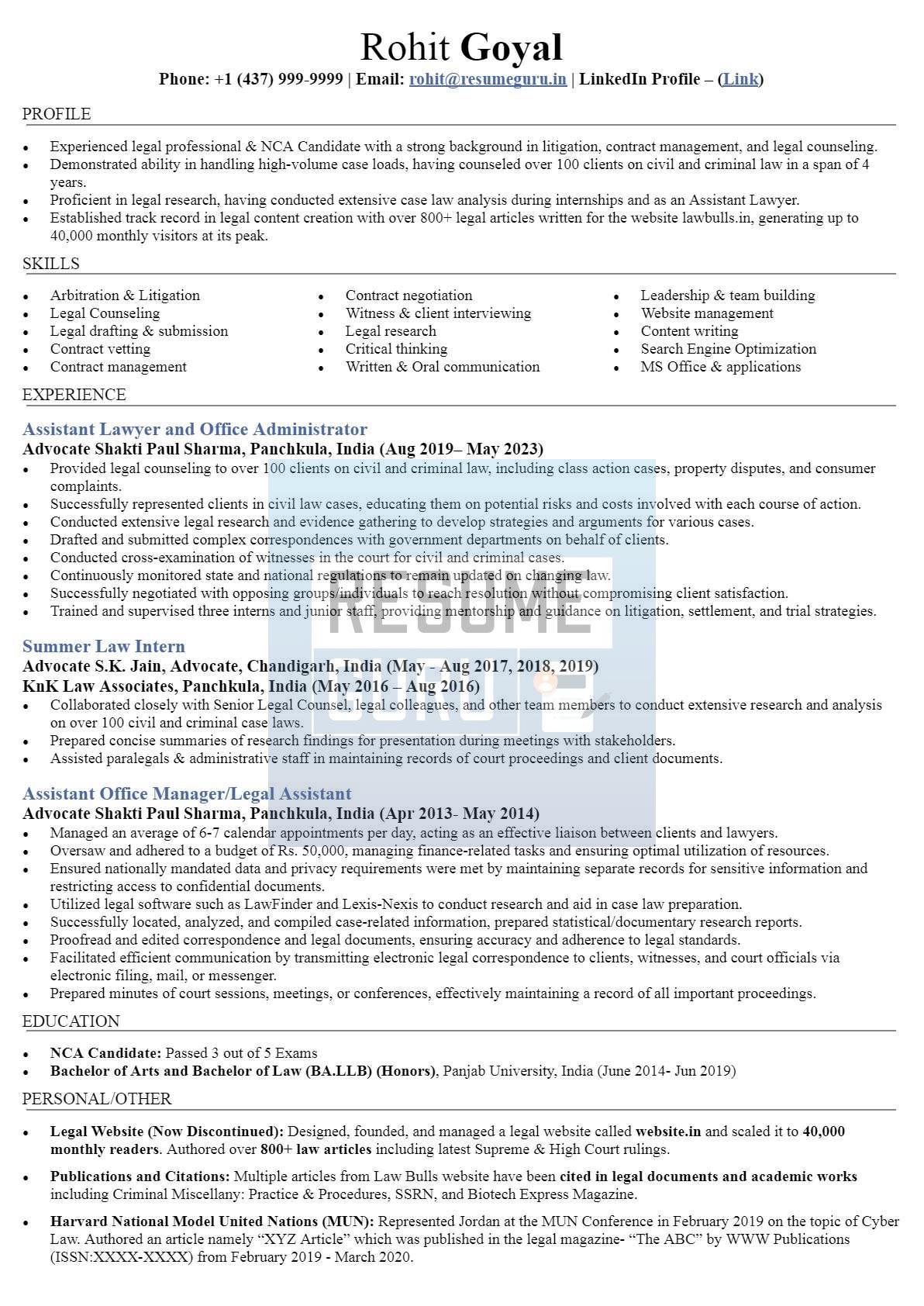 Mid-Level Legal Professional, Assistant Lawyer International Resume Sample_1