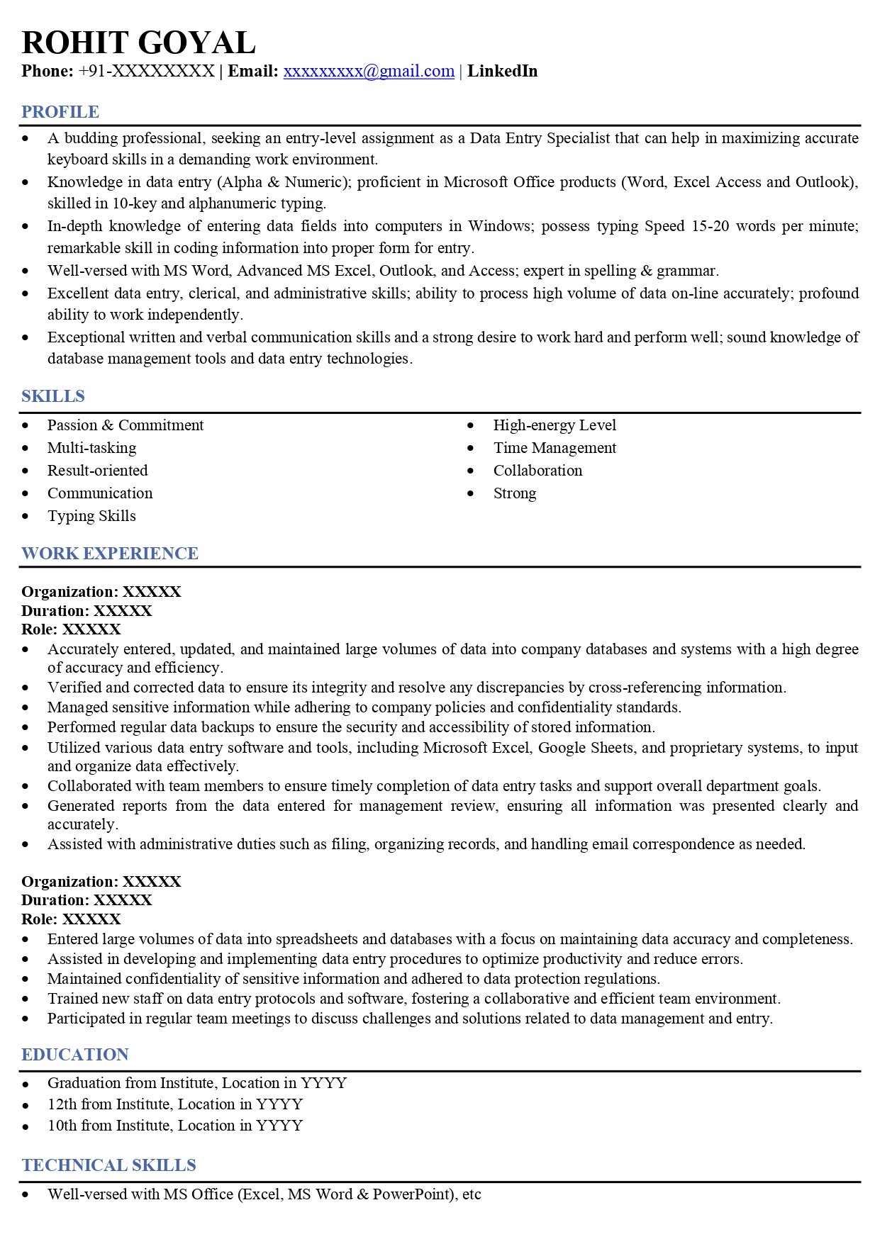 Data Entry Operator Resume Sample