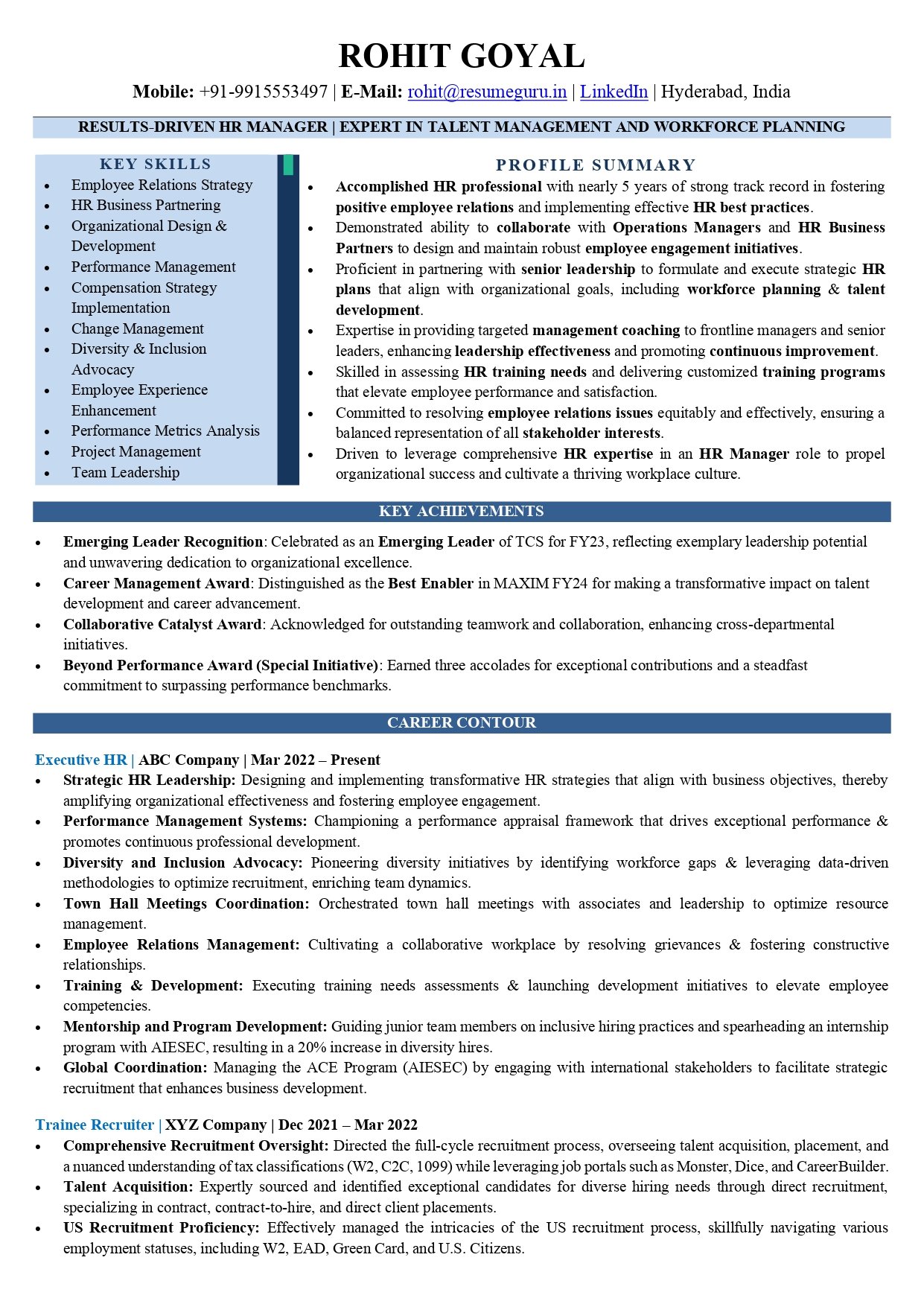 HR Executive Resume Sample