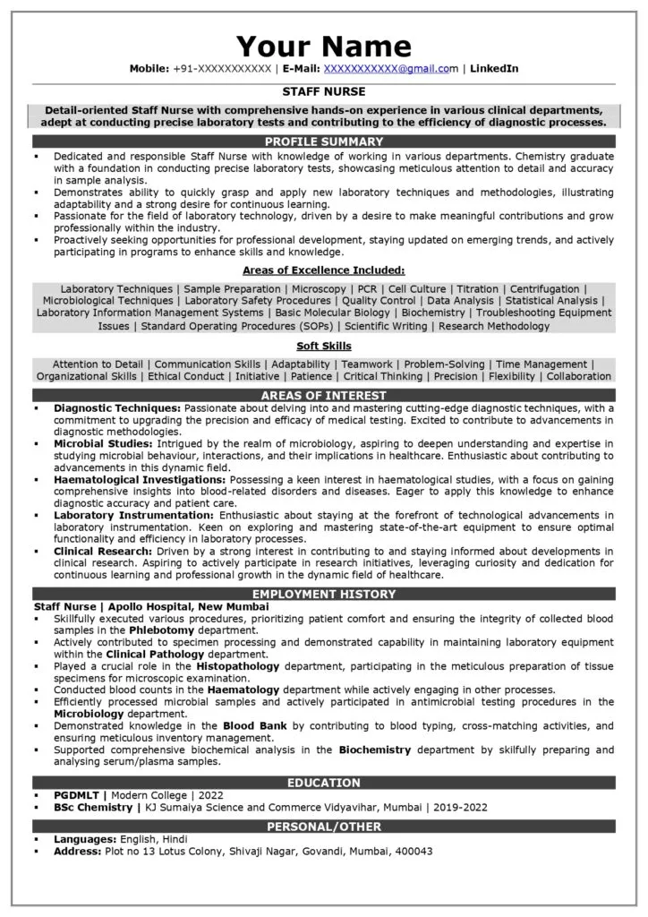 Staff Nurse Resume Sample
