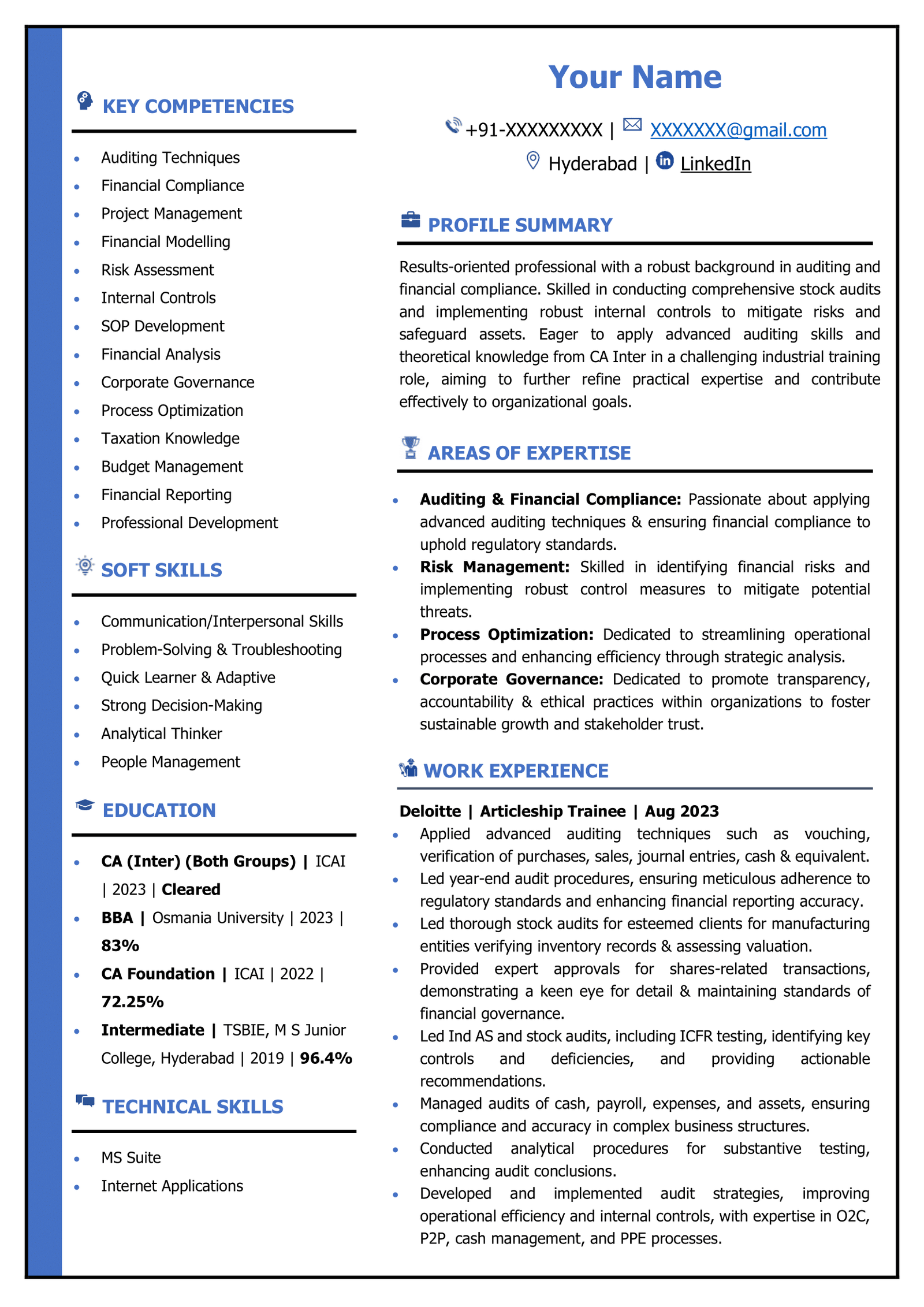 Resume For CA Articleship