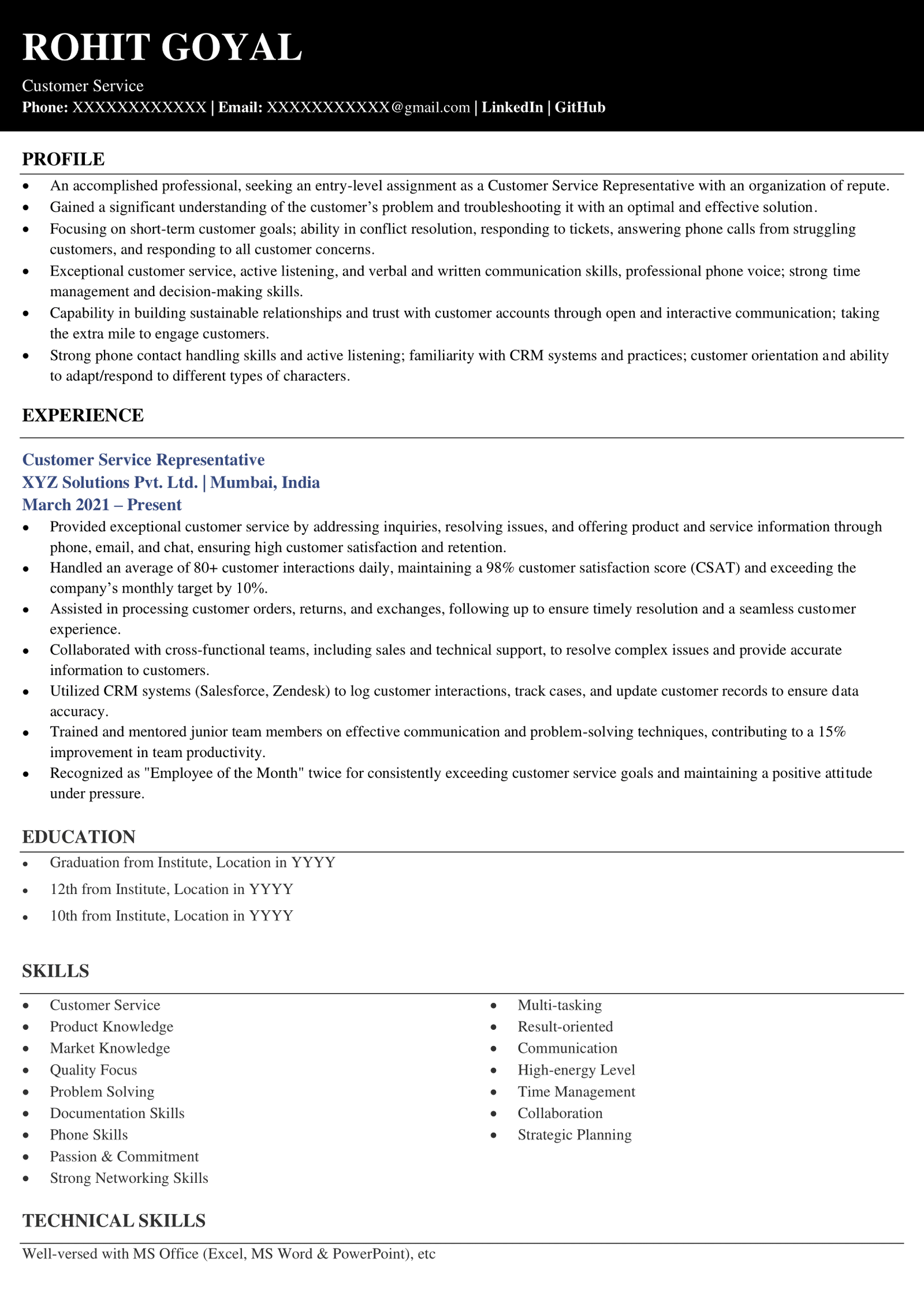 Customer Service Executive Resume Sample