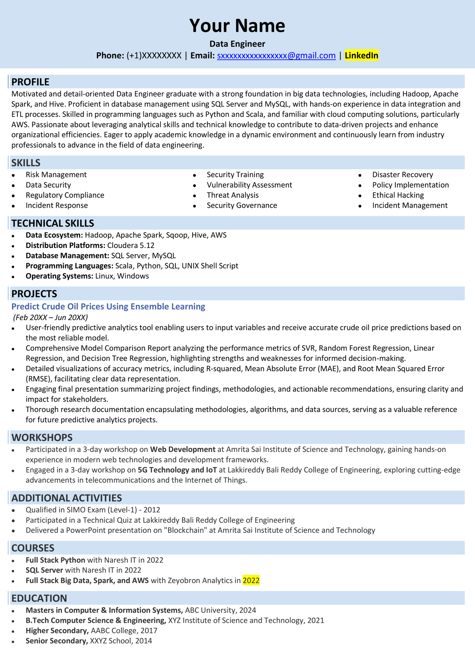 Data Engineer Resume Format and Sample