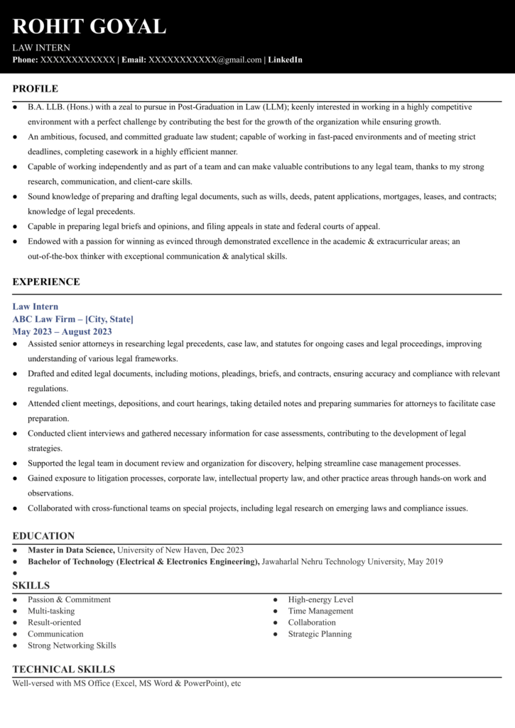 Resume for Law Internship