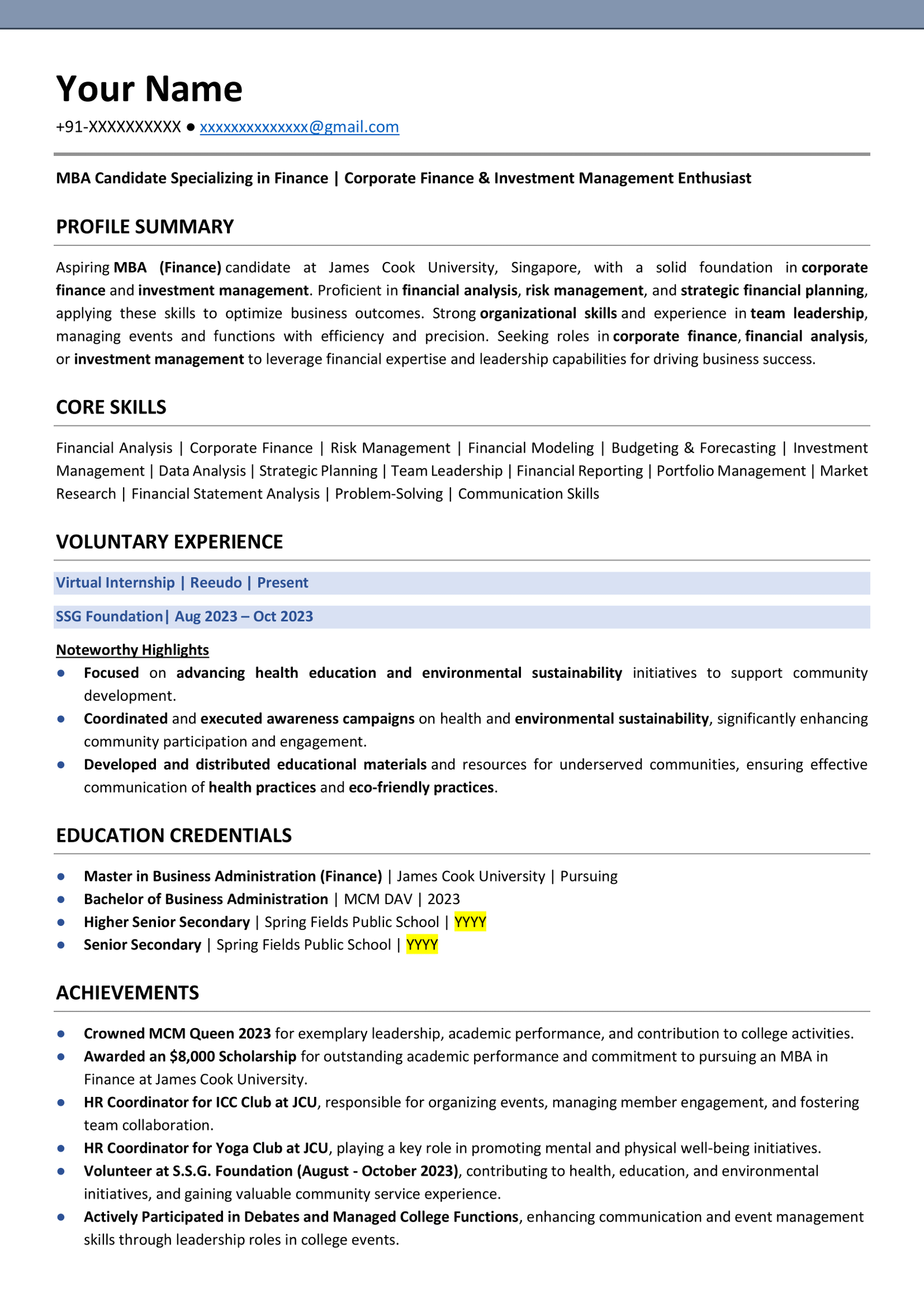 MBA Fresher Resume