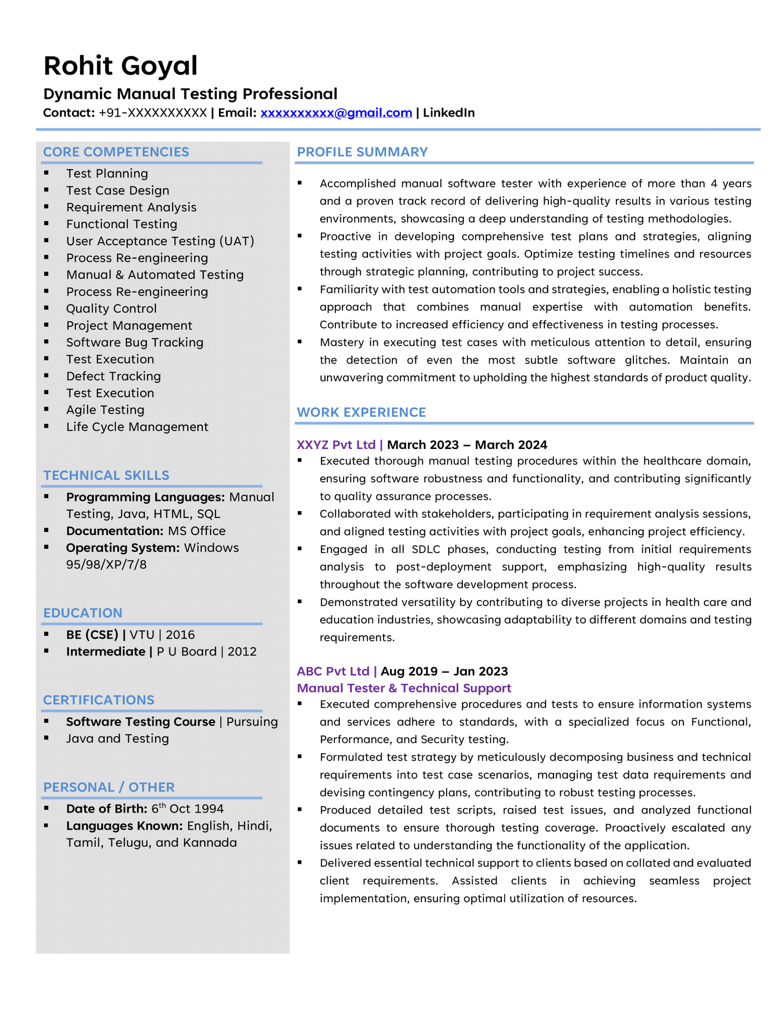 Manual Testing Resume