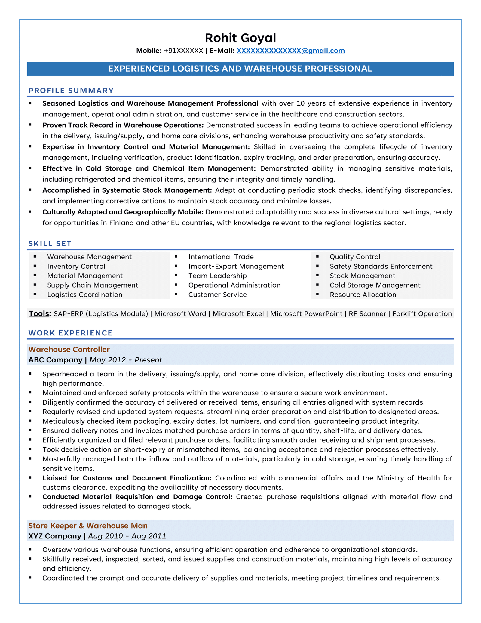 Store Keeper Resume