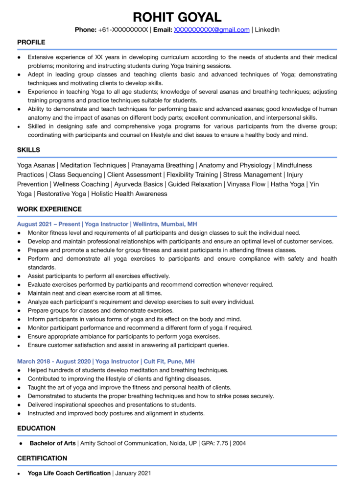 Yoga Teacher Resume