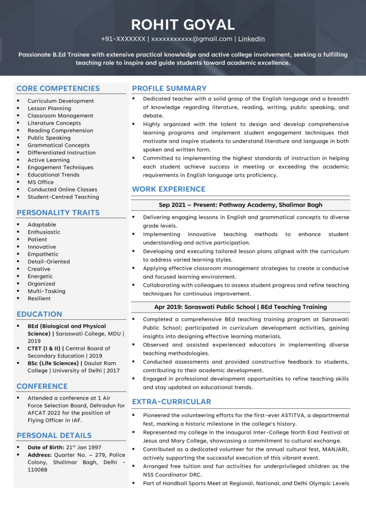 English Teacher Resume Format