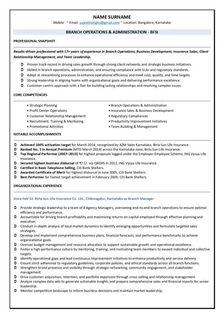 bank branch manager resume sample