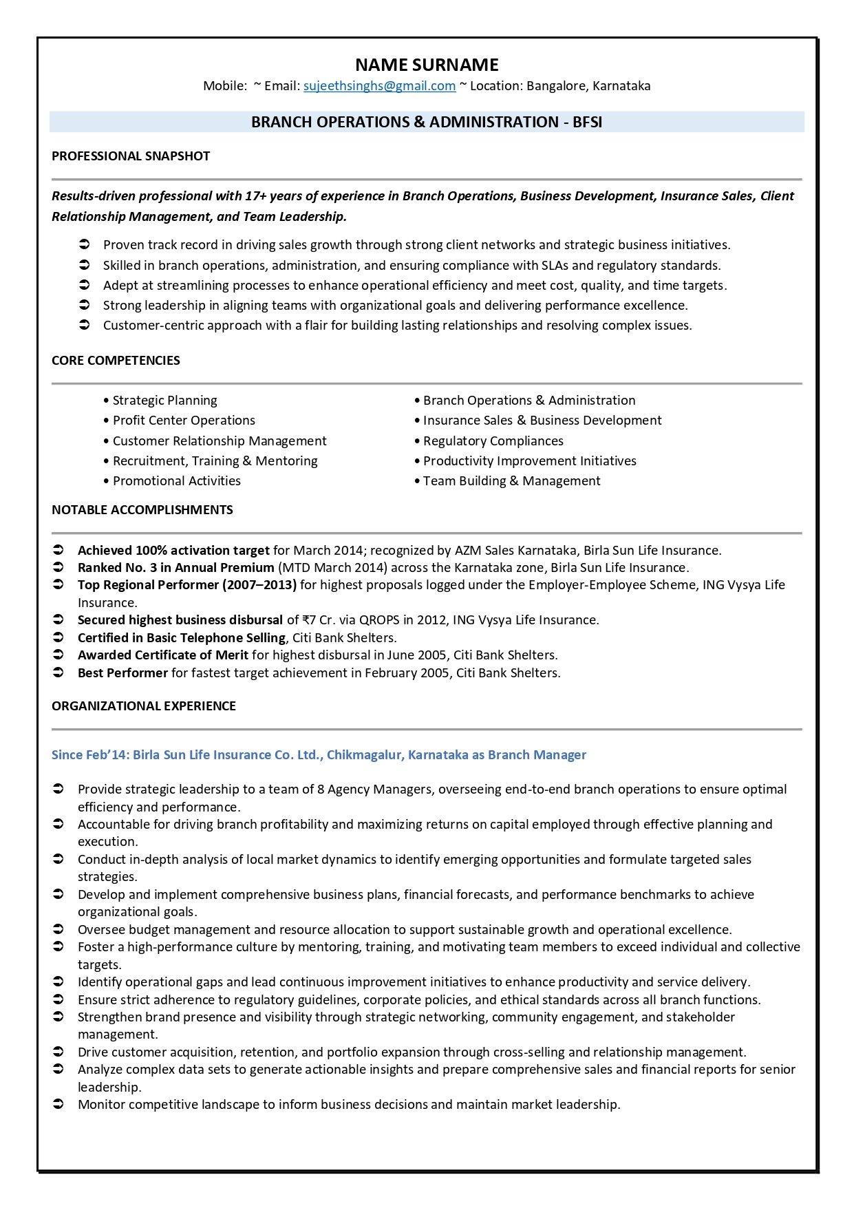 bank branch manager resume sample