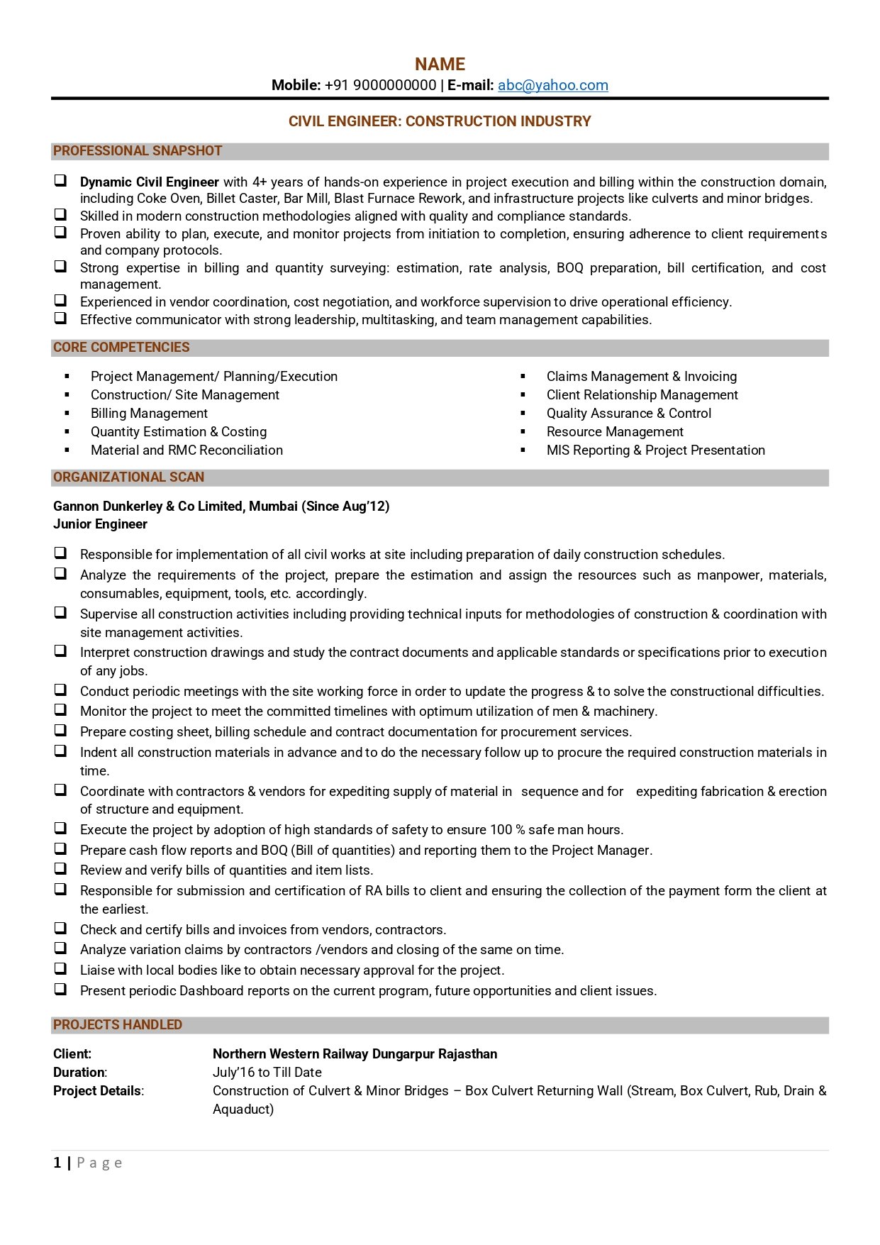 civil engineer resume sample