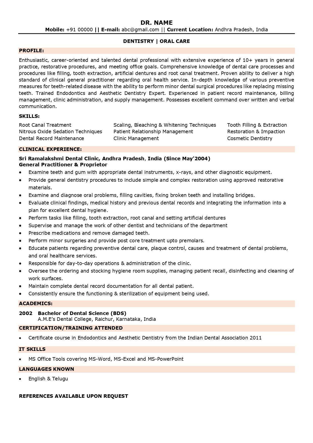 dentist resume sample