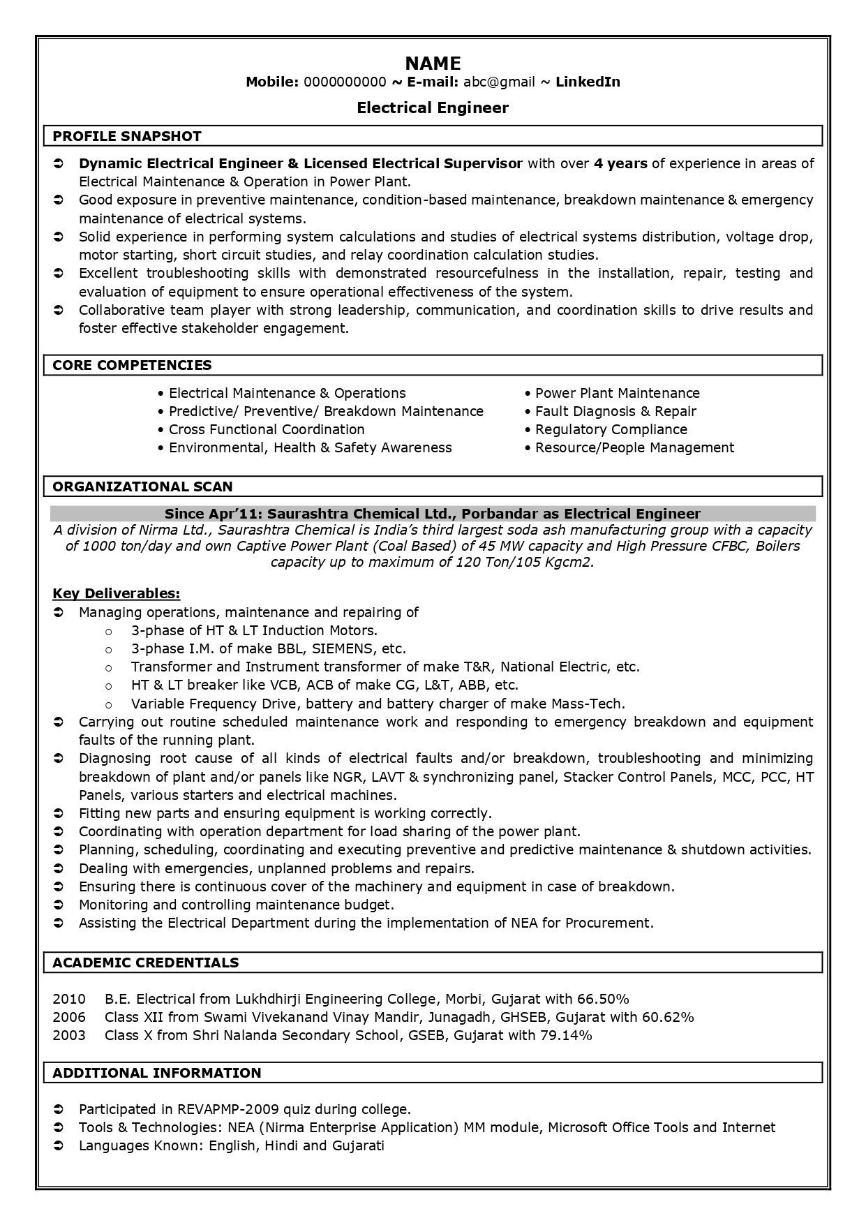 electrical engineer resume sample