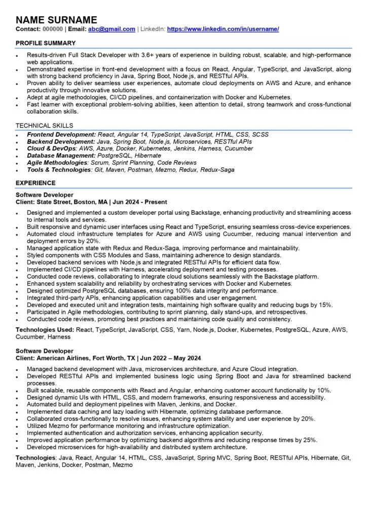 front end developer resume sample