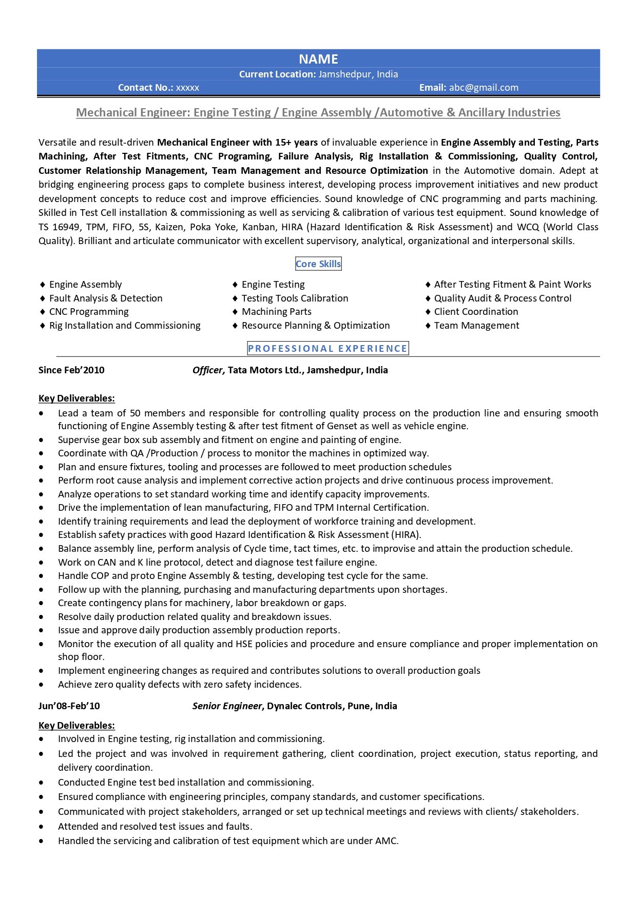 mechanical engineer resume sample