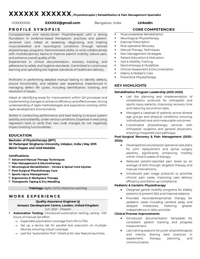 physiotherapist resume sample