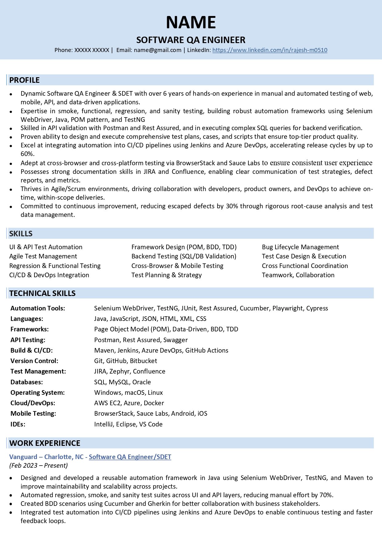qa resume sample
