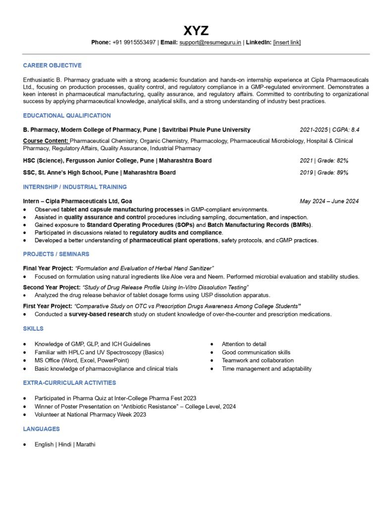 resume samples for b pharm freshers