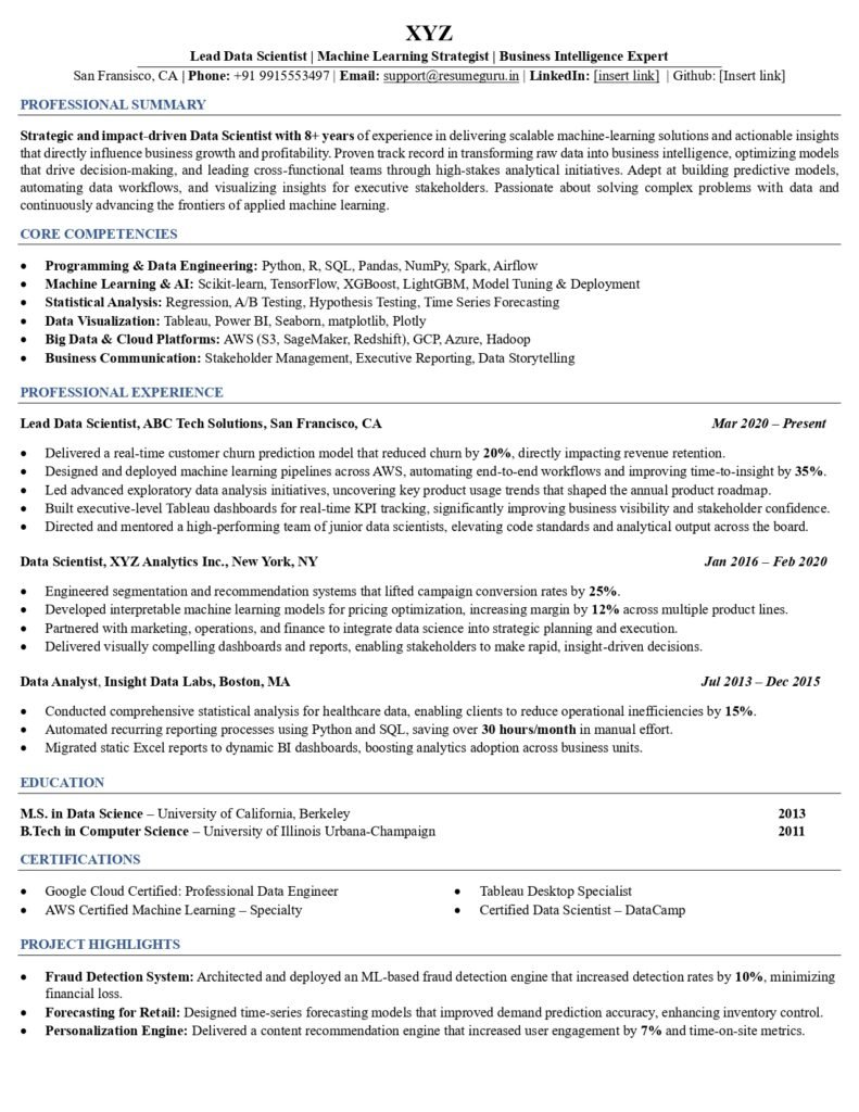 data scientist resume sample