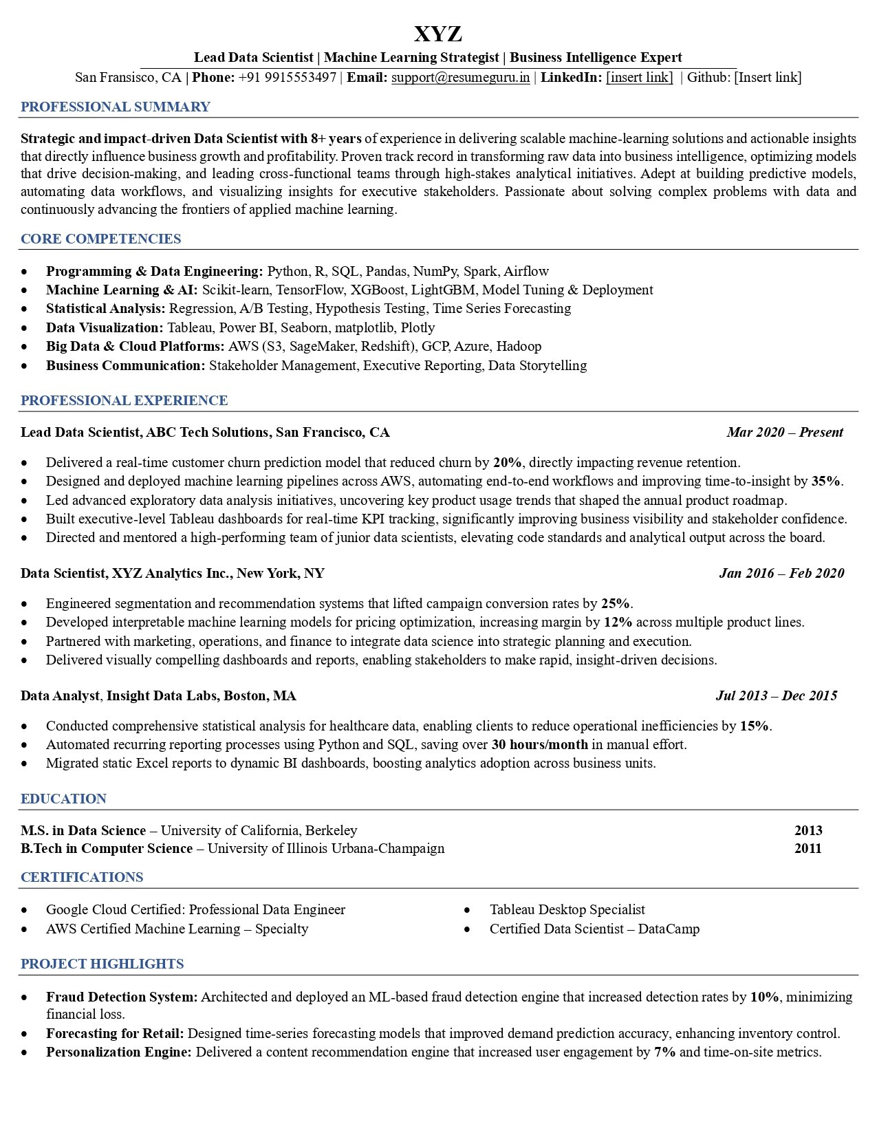 data scientist resume sample