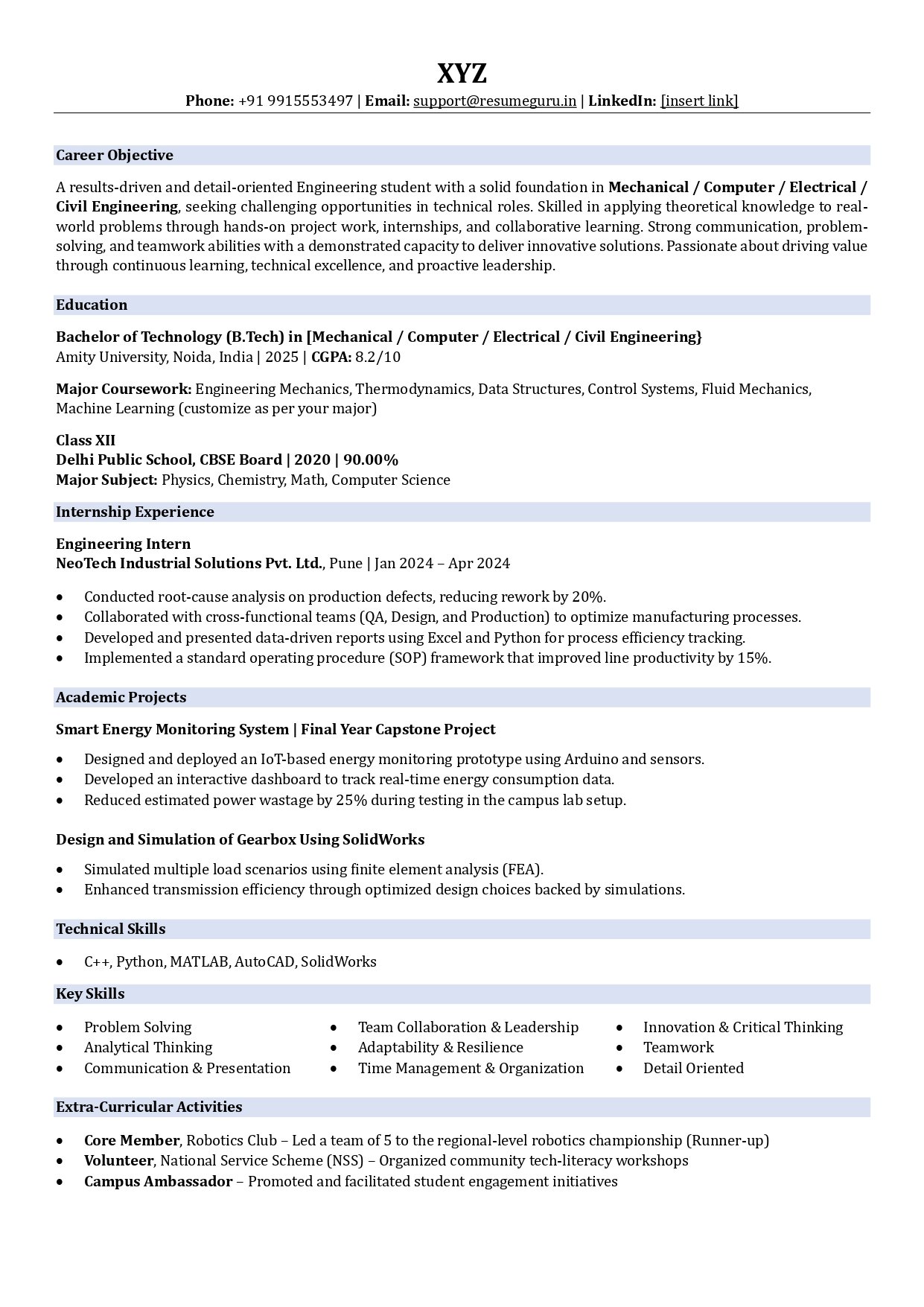 Sample Resume for Engineering Students
