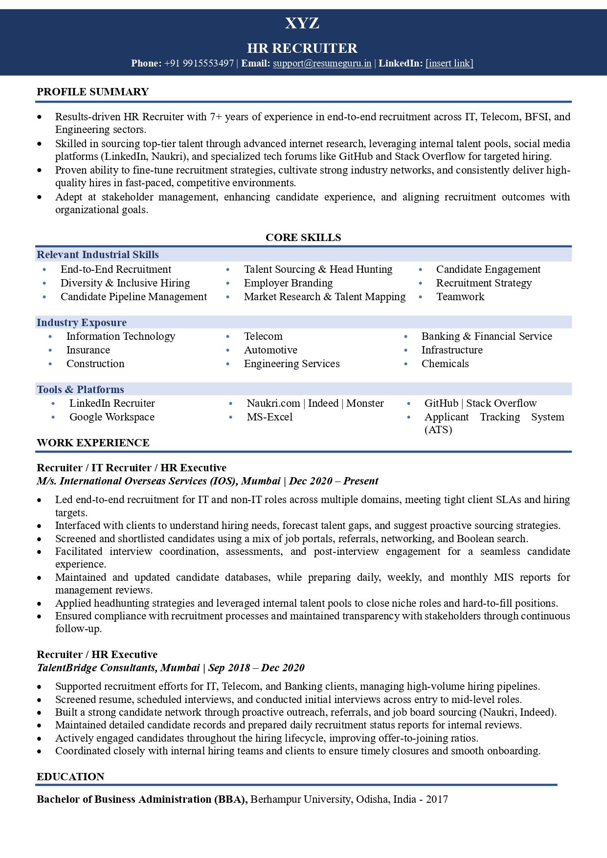 hr recruiter resume sample