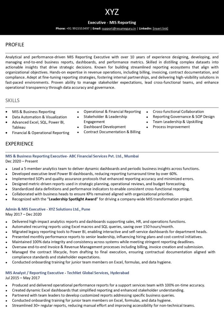 mis executive resume sample