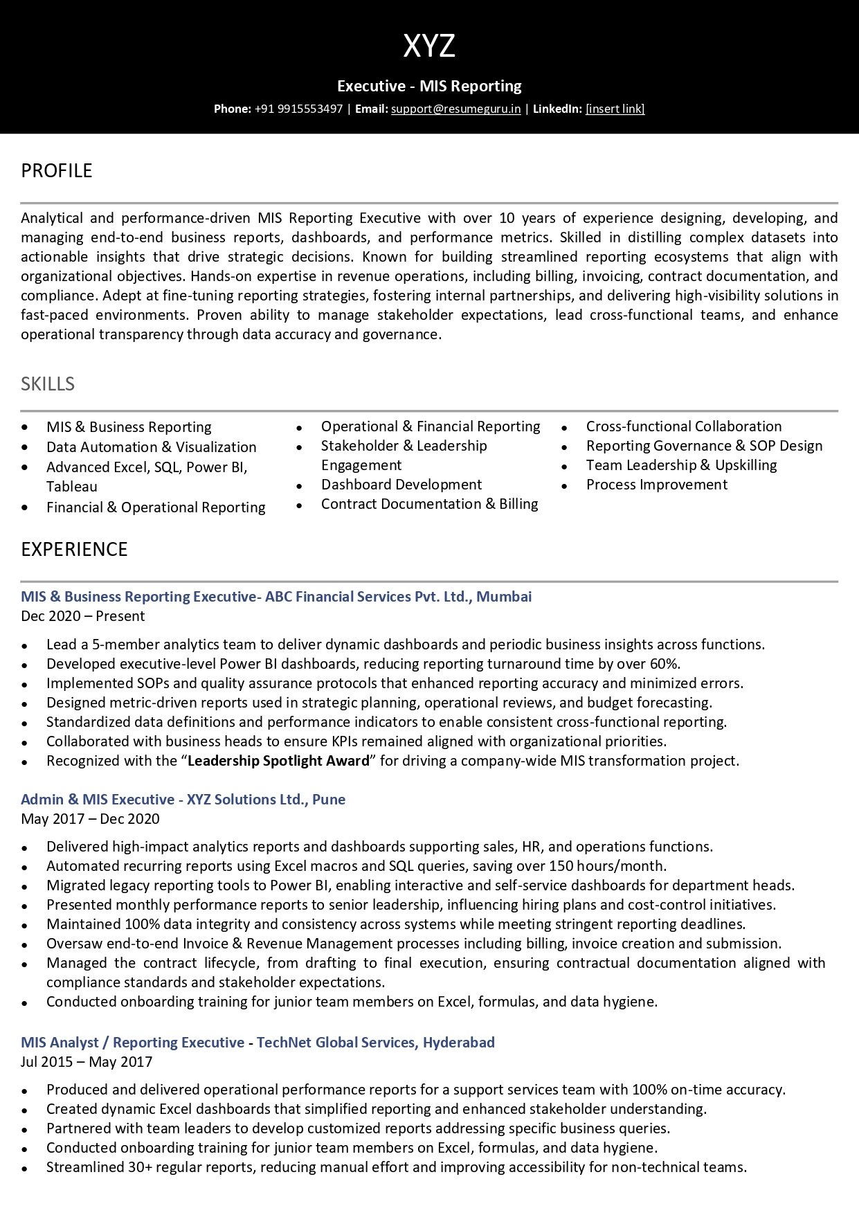 mis executive resume sample