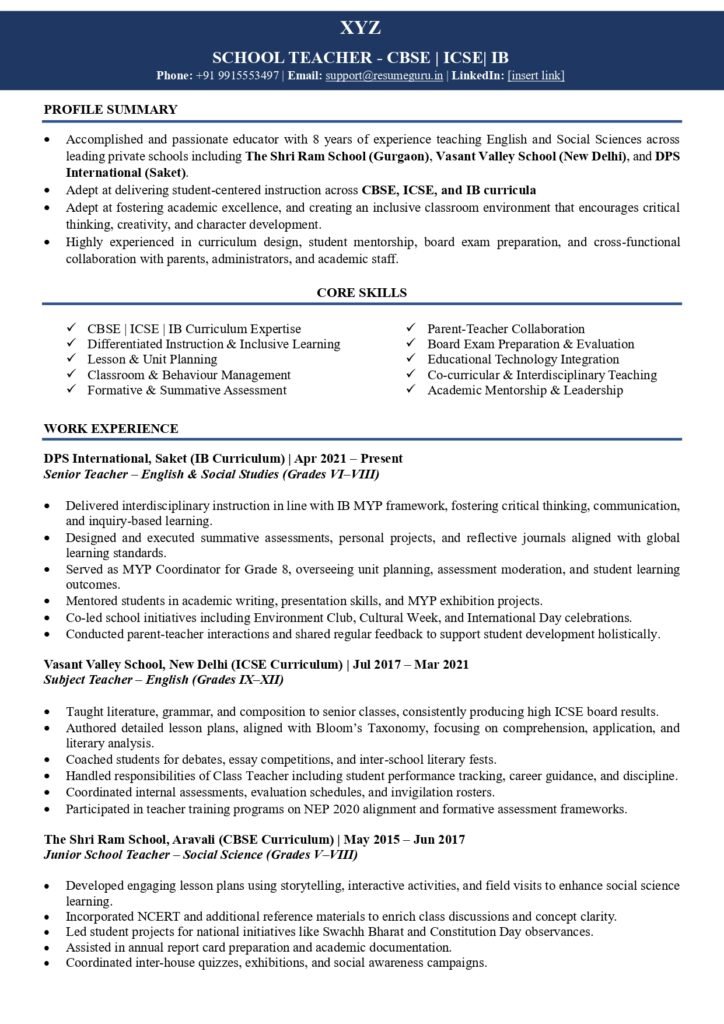 private school teacher resume sample
