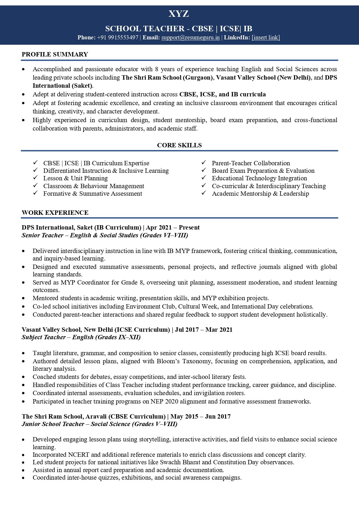 private school teacher resume sample