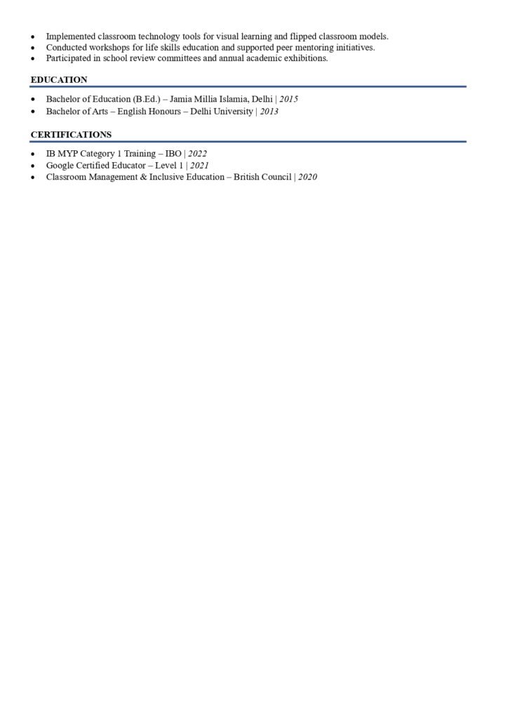 private school teacher resume sample