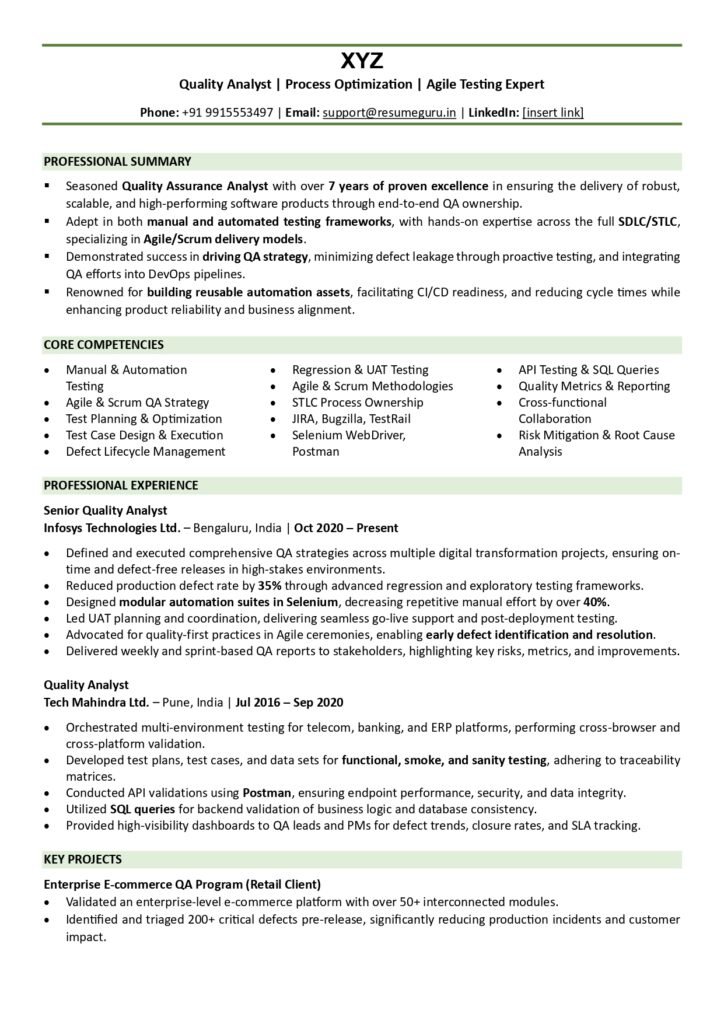 quality analyst resume sample