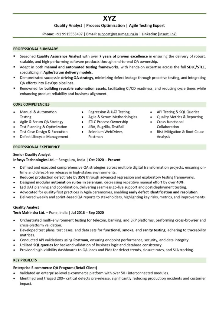 quality analyst resume sample