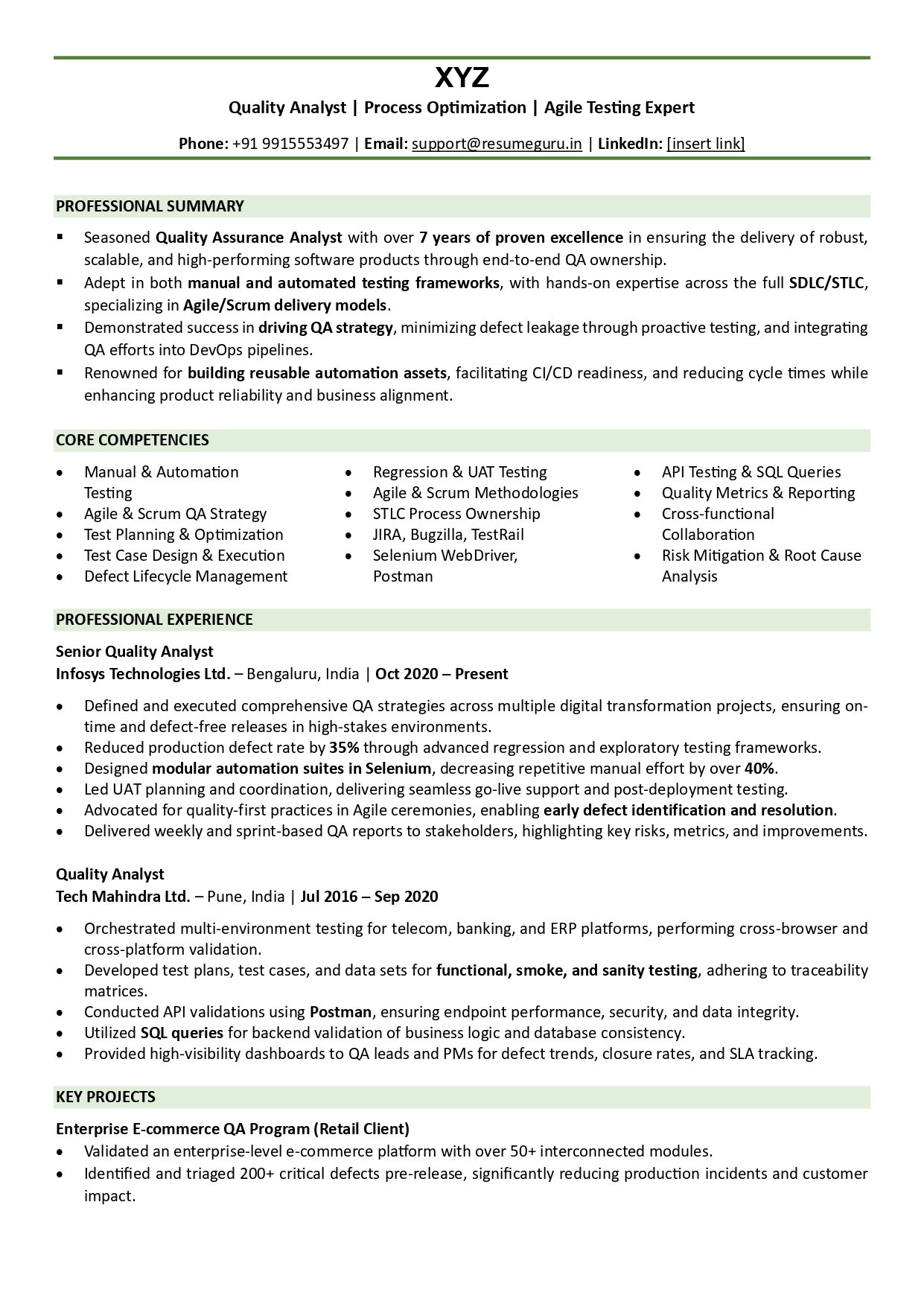 quality analyst resume sample