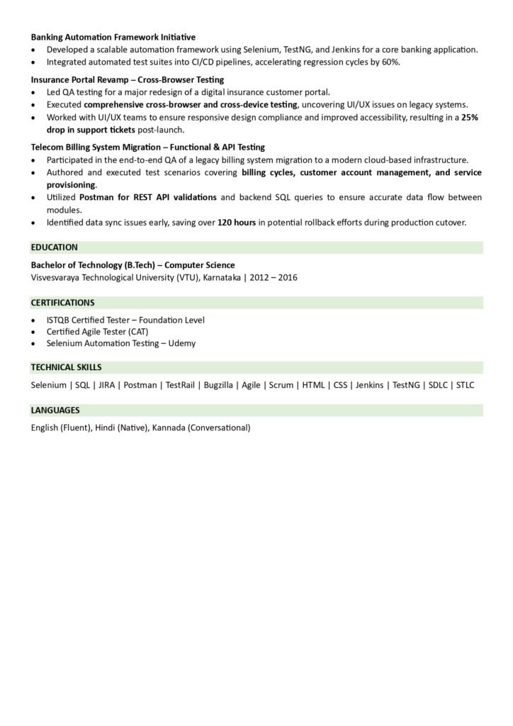 quality analyst resume sample