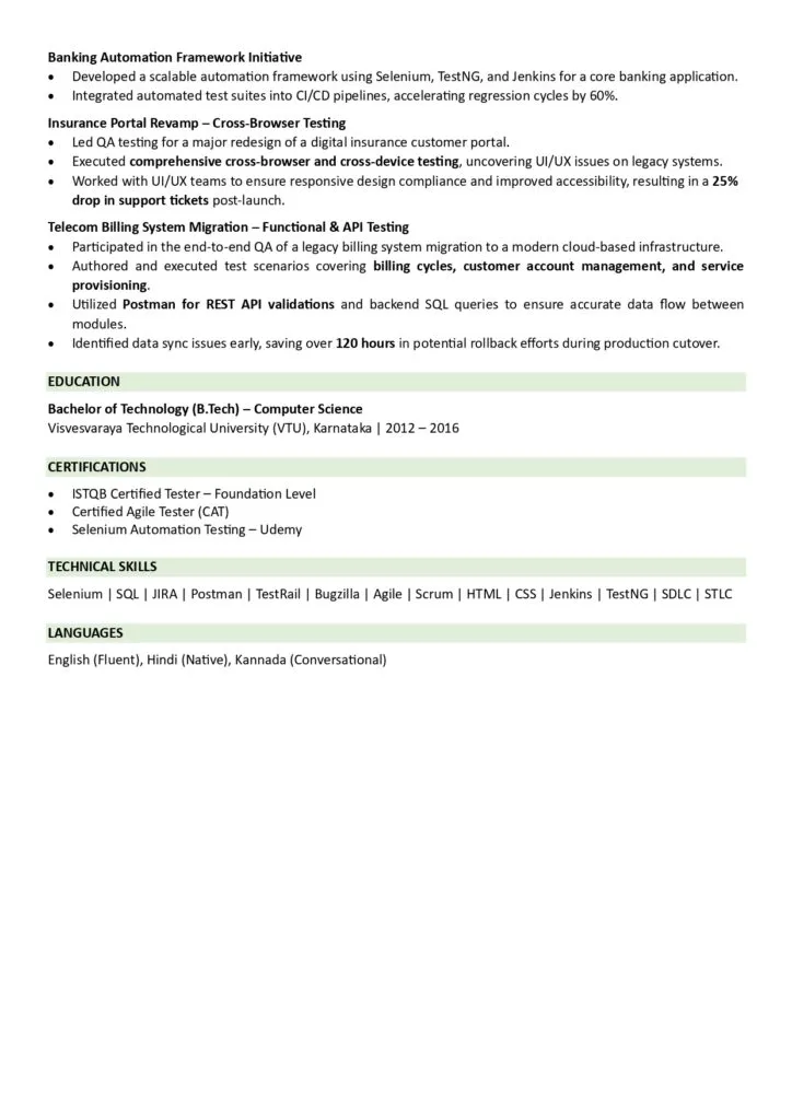 quality analyst resume sample