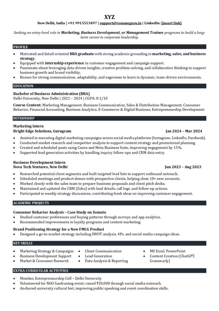 sample resume for bba freshers
