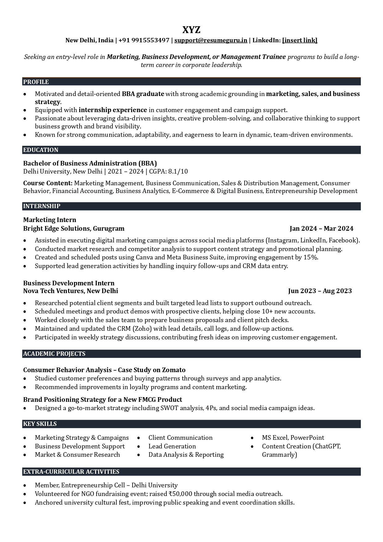 sample resume for bba freshers