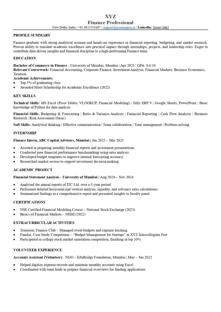 finance resume samples for freshers