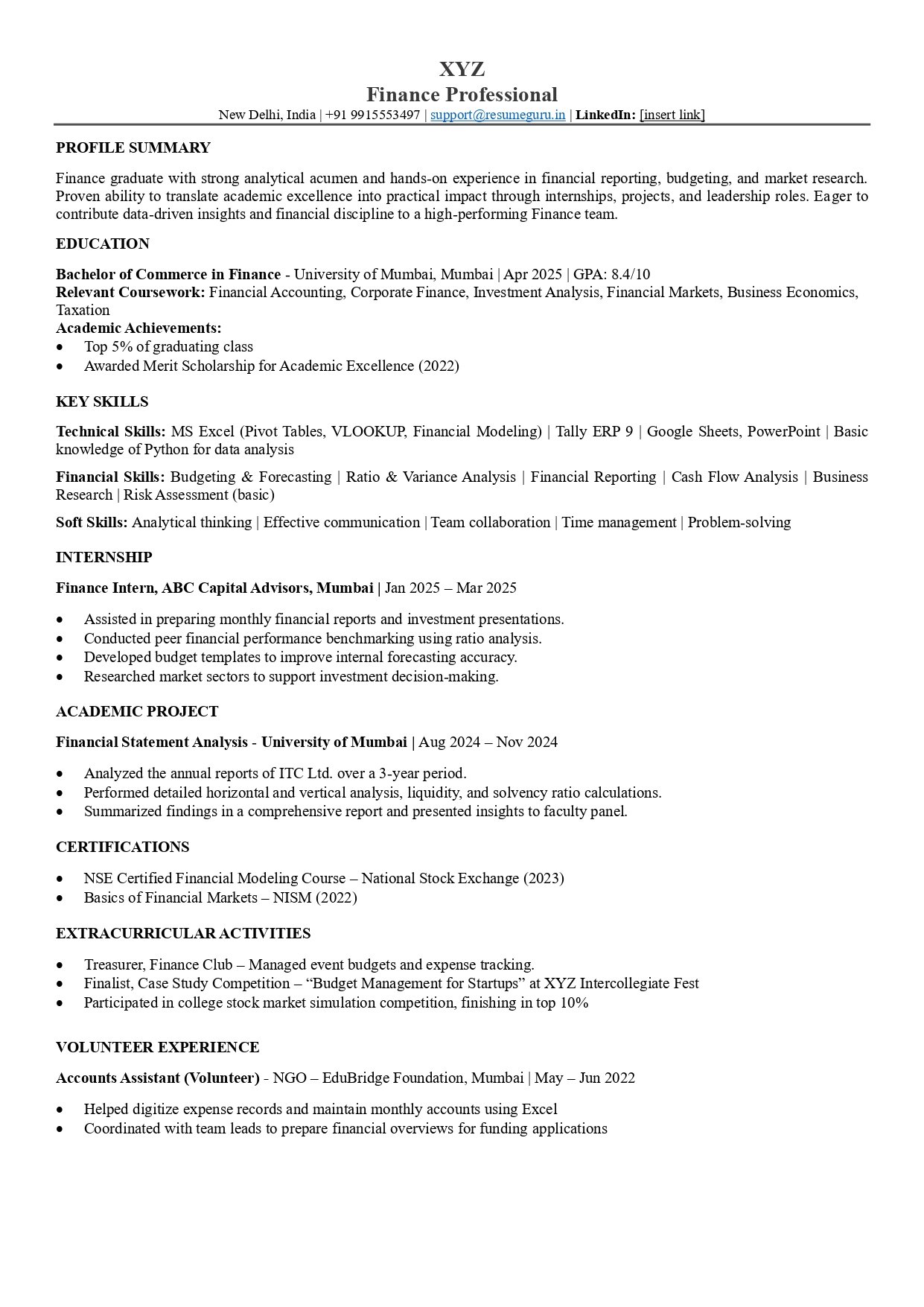 finance resume samples for freshers